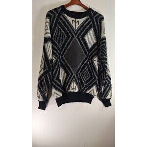 Vtg 90s IMPACT Leather Chunky Knit Sweater Men's XL Cosby Preppy Kurt‎ Cobain